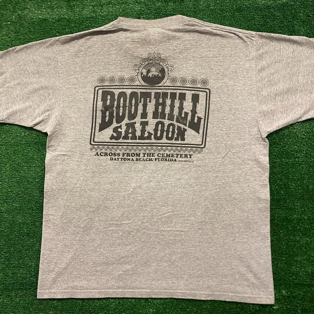 Vintage 90s Boot Hill Saloon Daytona Beach T-Shirt Gray XL Grunge Biker Moto
